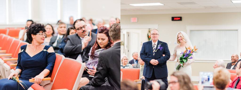 Jasmin coming down the aisle with her father as her mother looks on during the wedding ceremony at the Kingdom Hall of Jehovah's witnesses. Photo by Black Tie & Co. www.btcweddings.com