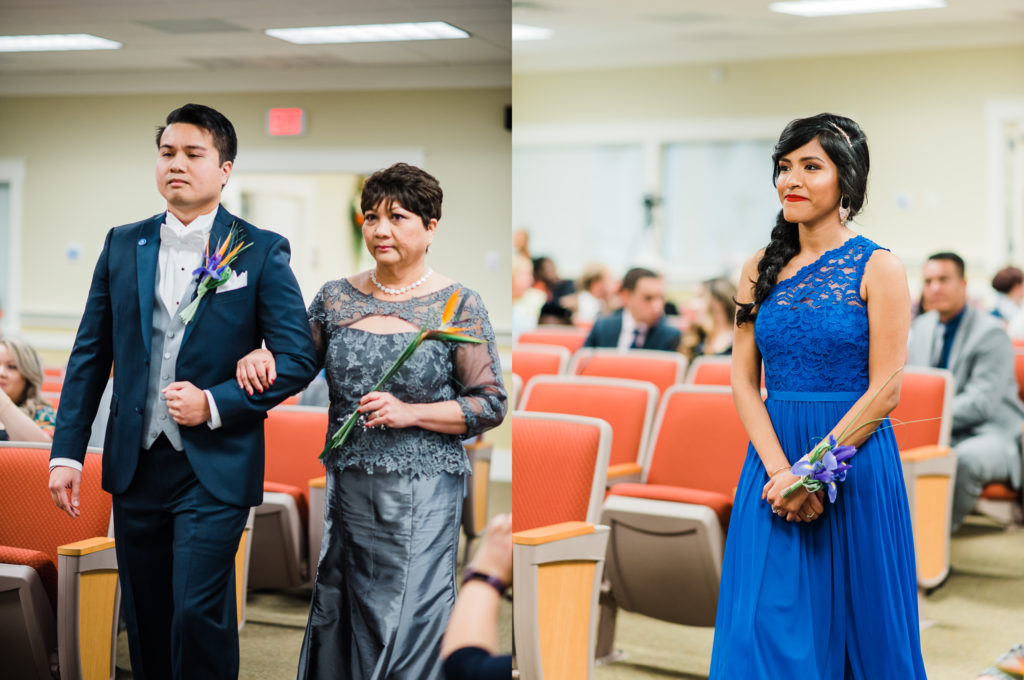 Groom and Mother of the groom walking down the aisle during Wedding ceremony at kingdom hall of Jehovah's witness.  Photo by Black Tie & Co. www.btcweddings.com